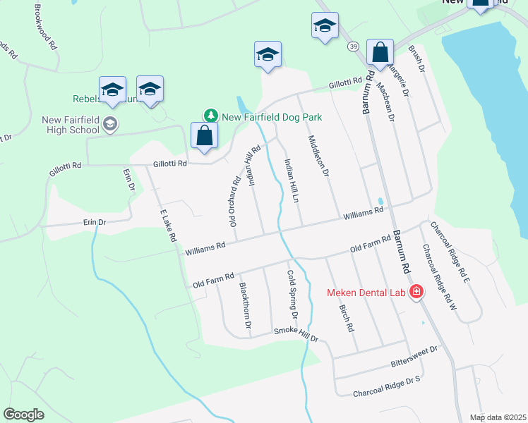 map of restaurants, bars, coffee shops, grocery stores, and more near 10 Indian Hill Road in New Fairfield