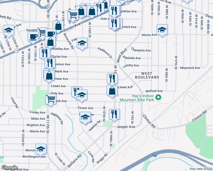 map of restaurants, bars, coffee shops, grocery stores, and more near 10616 Linnet Avenue in Cleveland