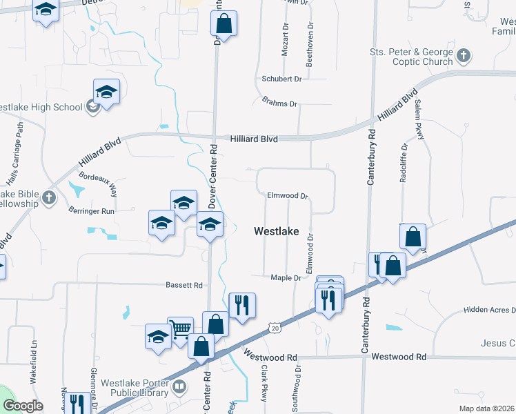 map of restaurants, bars, coffee shops, grocery stores, and more near 2250 Chestnut Drive in Westlake