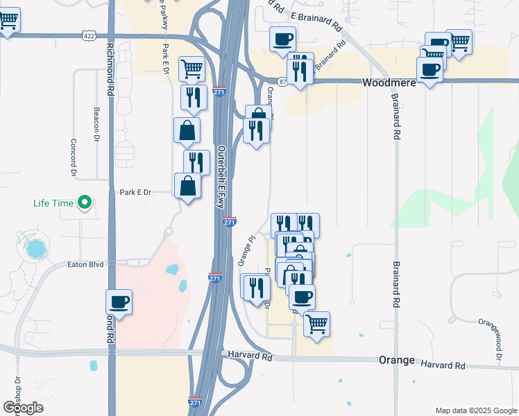 map of restaurants, bars, coffee shops, grocery stores, and more near 3750 Orange Place in Beachwood