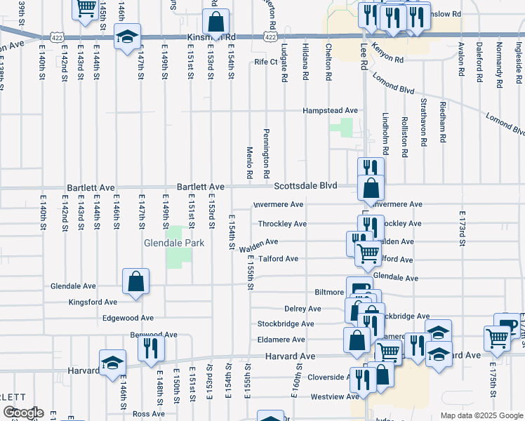 map of restaurants, bars, coffee shops, grocery stores, and more near 15509 Invermere Avenue in Cleveland