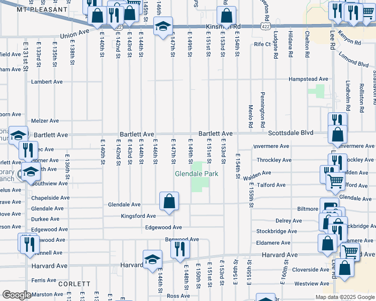 map of restaurants, bars, coffee shops, grocery stores, and more near 3784 East 149th Street in Cleveland