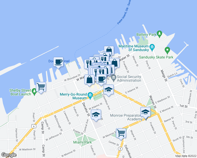 map of restaurants, bars, coffee shops, grocery stores, and more near 122 East Water Street in Sandusky