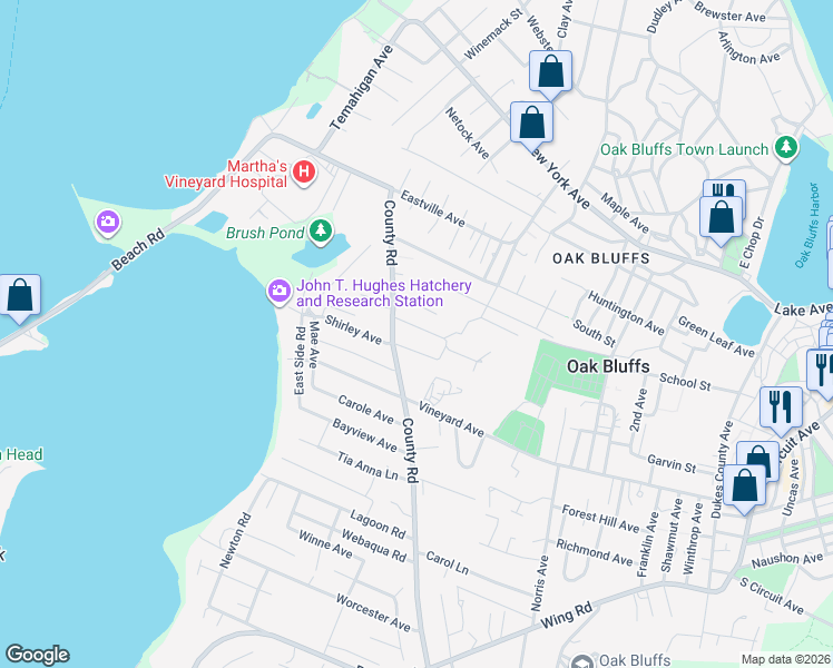 map of restaurants, bars, coffee shops, grocery stores, and more near 10 Roberts Way in Oak Bluffs