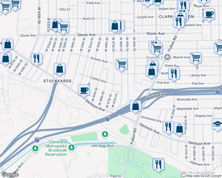 map of restaurants, bars, coffee shops, grocery stores, and more near 3585 West 48th Street in Cleveland
