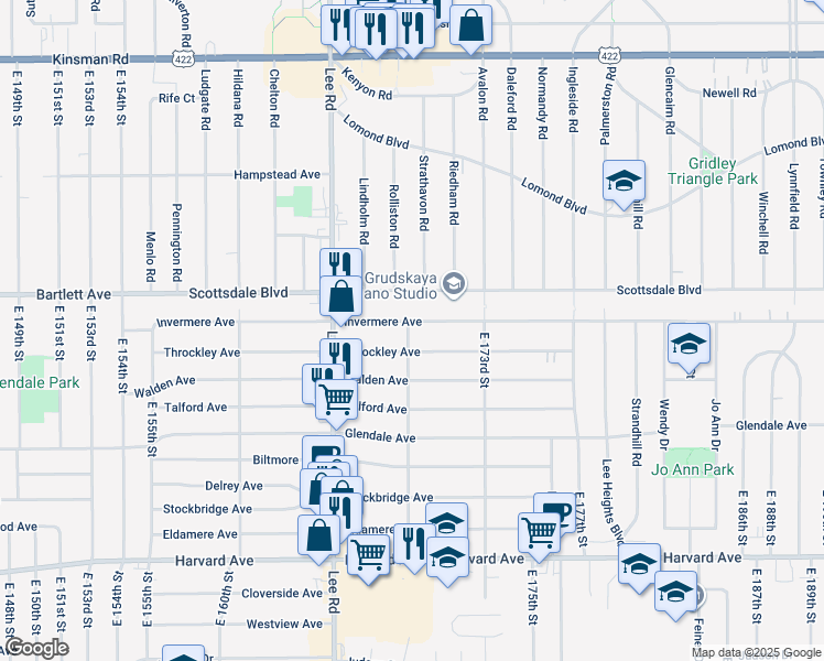 map of restaurants, bars, coffee shops, grocery stores, and more near 16807 Invermere Avenue in Cleveland