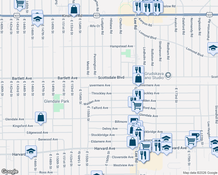 map of restaurants, bars, coffee shops, grocery stores, and more near 16101 Invermere Avenue in Cleveland