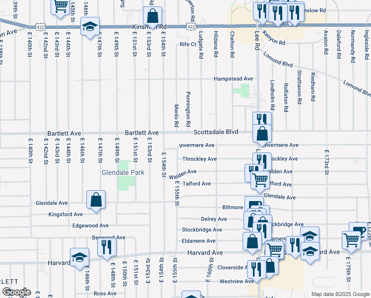 map of restaurants, bars, coffee shops, grocery stores, and more near 15509 Invermere Avenue in Cleveland