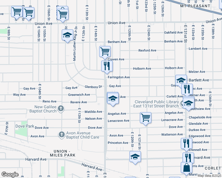 map of restaurants, bars, coffee shops, grocery stores, and more near 11705 Gay Avenue in Cleveland