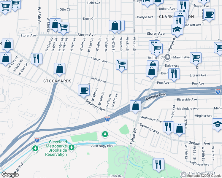 map of restaurants, bars, coffee shops, grocery stores, and more near 3585 West 48th Street in Cleveland
