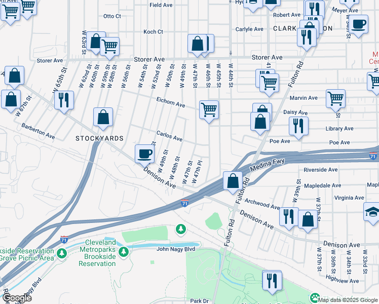 map of restaurants, bars, coffee shops, grocery stores, and more near 3585 West 48th Street in Cleveland