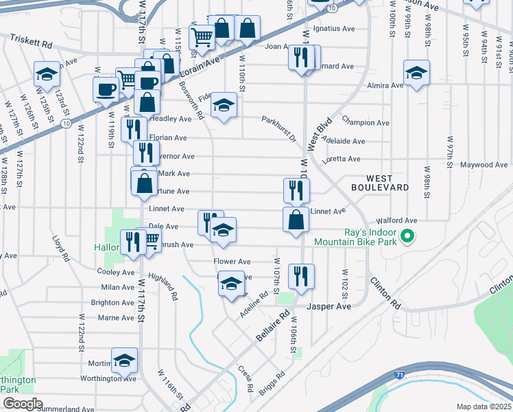map of restaurants, bars, coffee shops, grocery stores, and more near 10901 Fortune Avenue in Cleveland