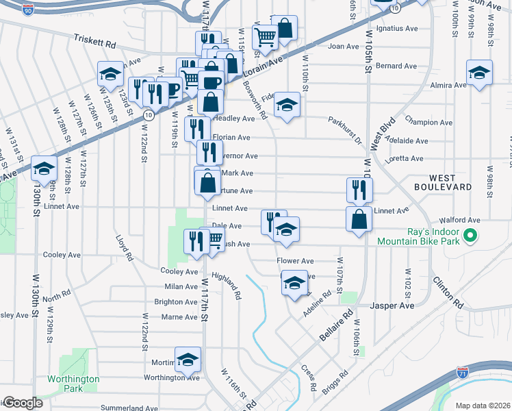map of restaurants, bars, coffee shops, grocery stores, and more near 11401 Fortune Avenue in Cleveland