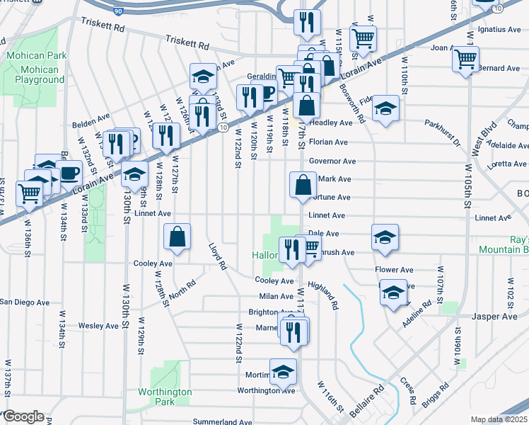 map of restaurants, bars, coffee shops, grocery stores, and more near 3522 West 119th Street in Cleveland