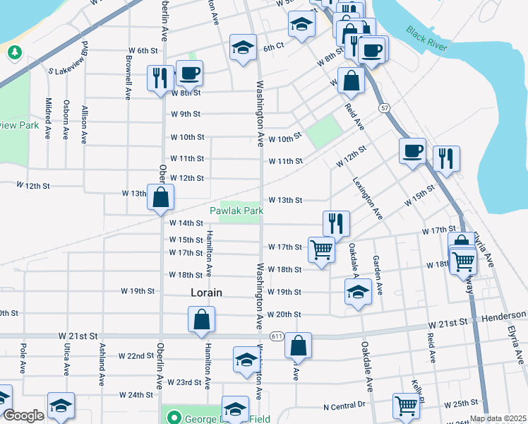 map of restaurants, bars, coffee shops, grocery stores, and more near 941 West 13th Street in Lorain
