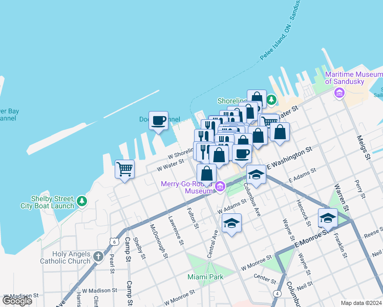 map of restaurants, bars, coffee shops, grocery stores, and more near 409 West Water Street in Sandusky