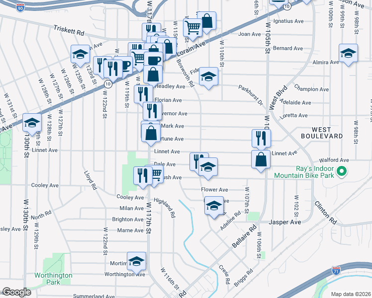 map of restaurants, bars, coffee shops, grocery stores, and more near 11401 Fortune Avenue in Cleveland