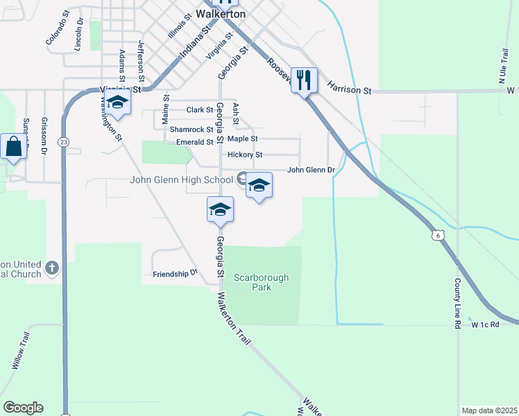 map of restaurants, bars, coffee shops, grocery stores, and more near 201 John Glenn Drive in Walkerton
