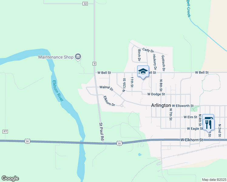 map of restaurants, bars, coffee shops, grocery stores, and more near 1350 Walnut Drive in Arlington