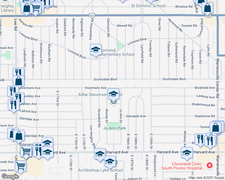 map of restaurants, bars, coffee shops, grocery stores, and more near 18401 Invermere Avenue in Cleveland