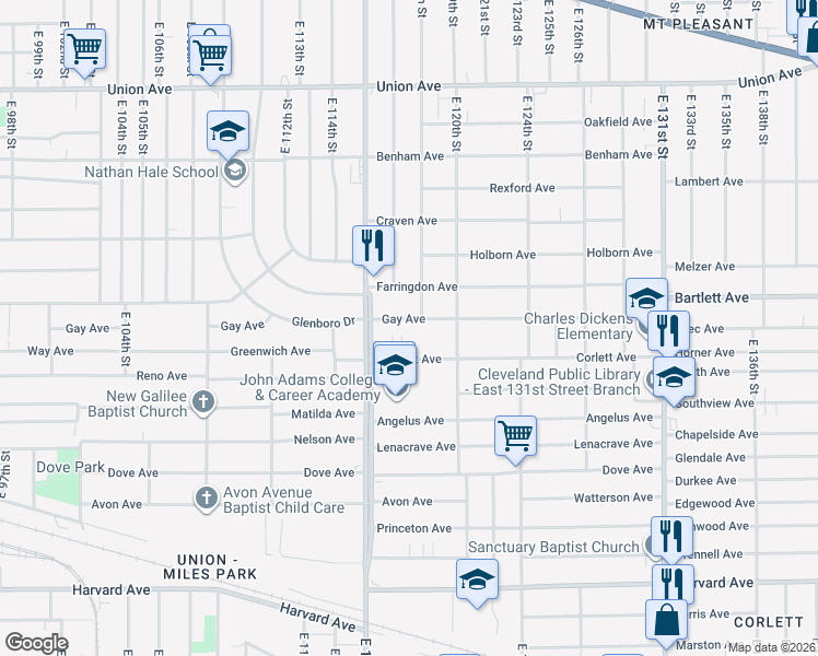 map of restaurants, bars, coffee shops, grocery stores, and more near 11705 Gay Avenue in Cleveland