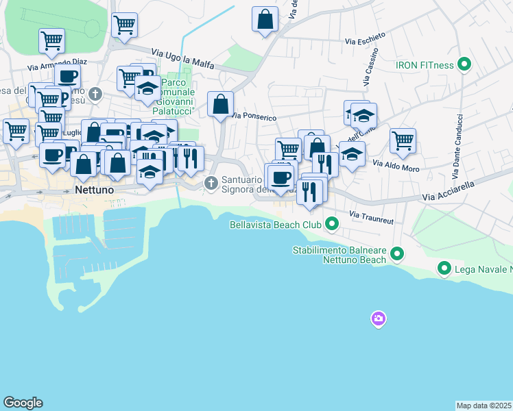 map of restaurants, bars, coffee shops, grocery stores, and more near 10 Via della Liberazione in Nettuno