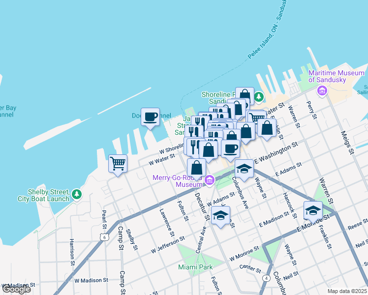 map of restaurants, bars, coffee shops, grocery stores, and more near 409 West Water Street in Sandusky