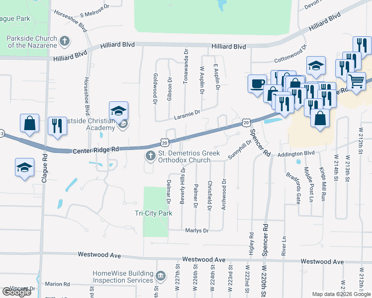 map of restaurants, bars, coffee shops, grocery stores, and more near 22755 Center Ridge Road in Rocky River