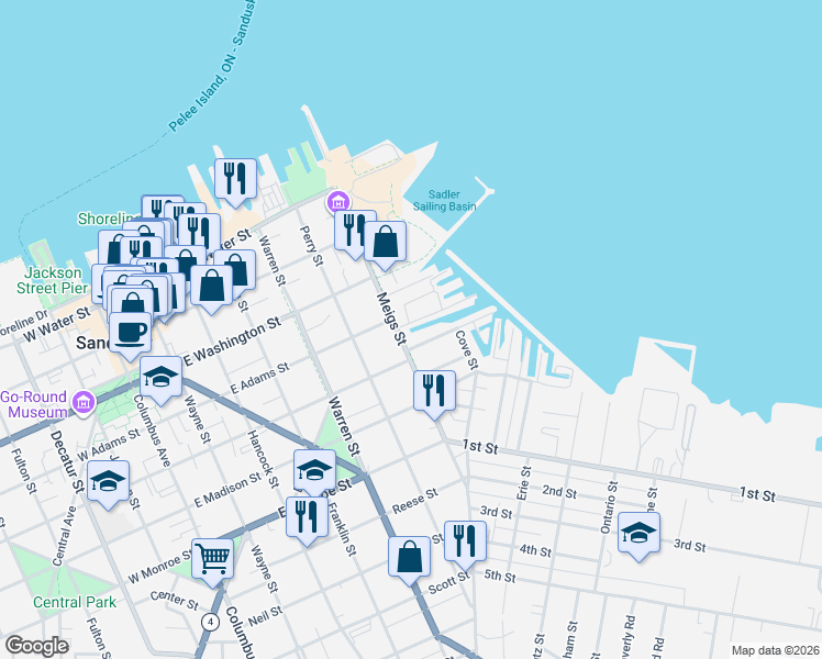 map of restaurants, bars, coffee shops, grocery stores, and more near 736 Dutch Lane in Sandusky