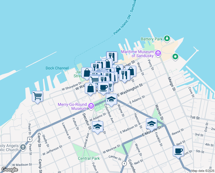 map of restaurants, bars, coffee shops, grocery stores, and more near 174 East Market Street in Sandusky