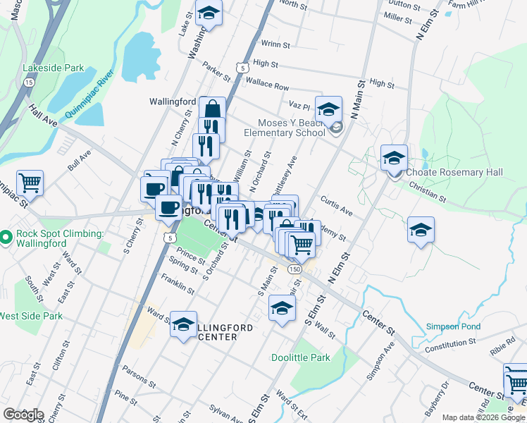 map of restaurants, bars, coffee shops, grocery stores, and more near 110 Church Street in Wallingford
