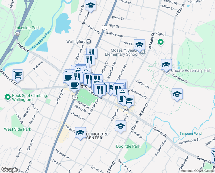 map of restaurants, bars, coffee shops, grocery stores, and more near 56 North Orchard Street in Wallingford