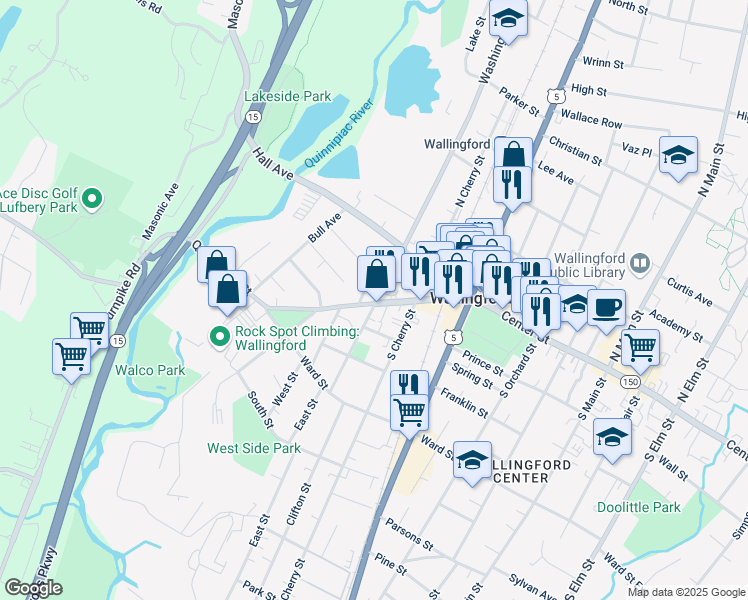 map of restaurants, bars, coffee shops, grocery stores, and more near 112 Washington Street in Wallingford