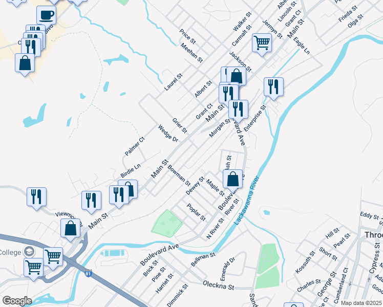 map of restaurants, bars, coffee shops, grocery stores, and more near 601 Morgan Street in Dickson City