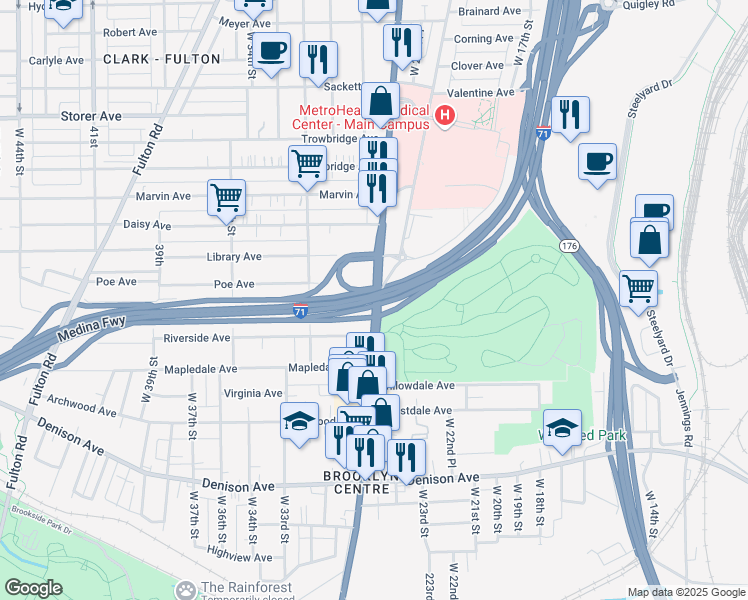 map of restaurants, bars, coffee shops, grocery stores, and more near 3567 West 25th Street in Cleveland