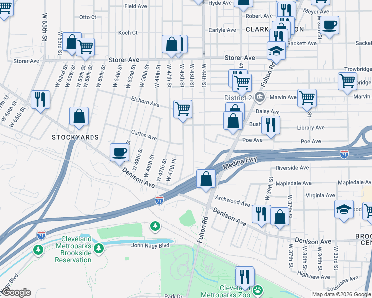 map of restaurants, bars, coffee shops, grocery stores, and more near 3574 West 46th Street in Cleveland