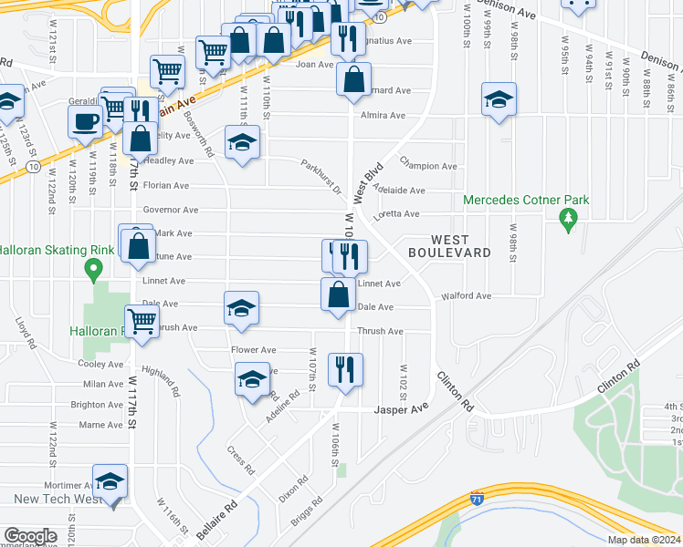 map of restaurants, bars, coffee shops, grocery stores, and more near 3510 West 105th Street in Cleveland