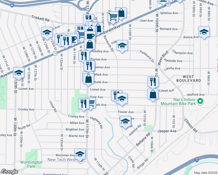 map of restaurants, bars, coffee shops, grocery stores, and more near 11401 Fortune Avenue in Cleveland
