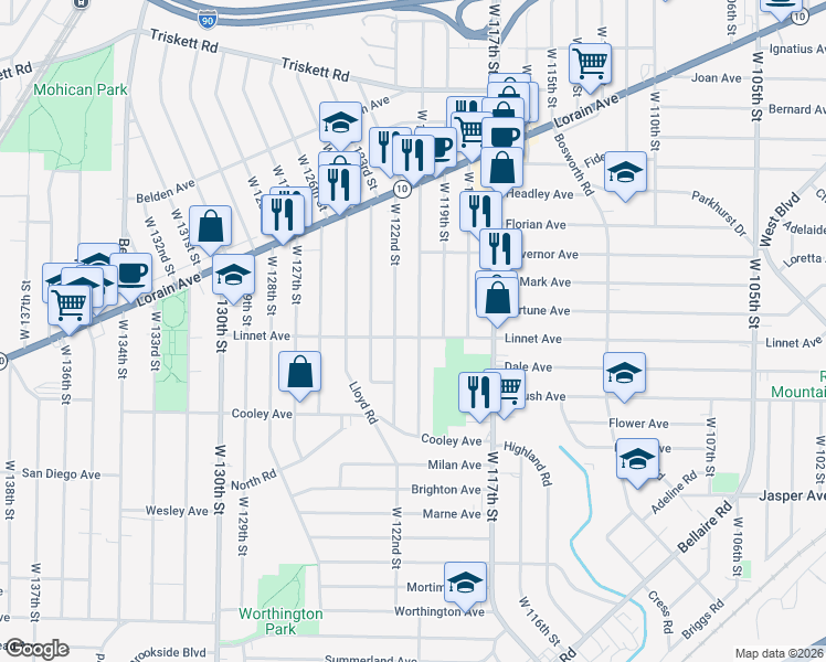 map of restaurants, bars, coffee shops, grocery stores, and more near 3523 West 122nd Street in Cleveland