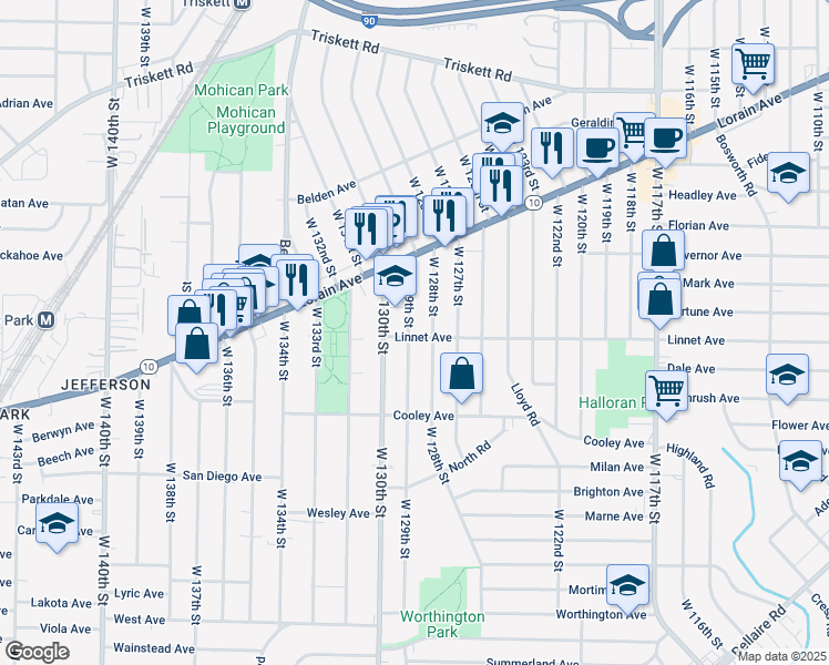 map of restaurants, bars, coffee shops, grocery stores, and more near 3517 West 129th Street in Cleveland