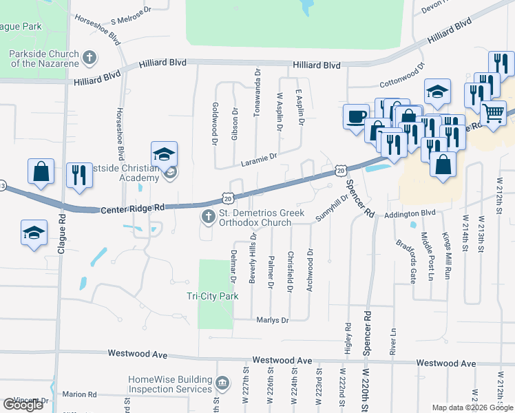 map of restaurants, bars, coffee shops, grocery stores, and more near 22755 Center Ridge Road in Rocky River