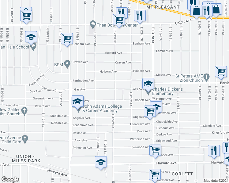 map of restaurants, bars, coffee shops, grocery stores, and more near 12316 Gay Avenue in Cleveland