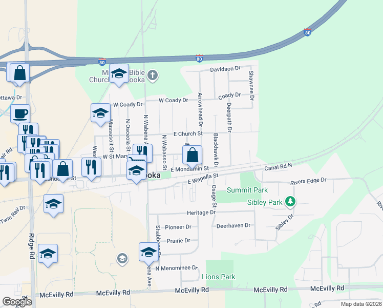 map of restaurants, bars, coffee shops, grocery stores, and more near 203 Illini Drive in Minooka