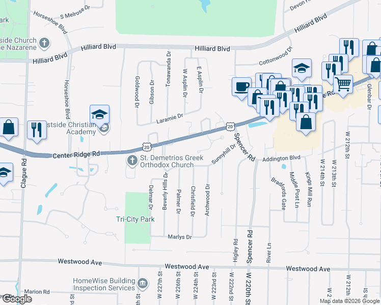 map of restaurants, bars, coffee shops, grocery stores, and more near 36 Nantucket Row in Rocky River