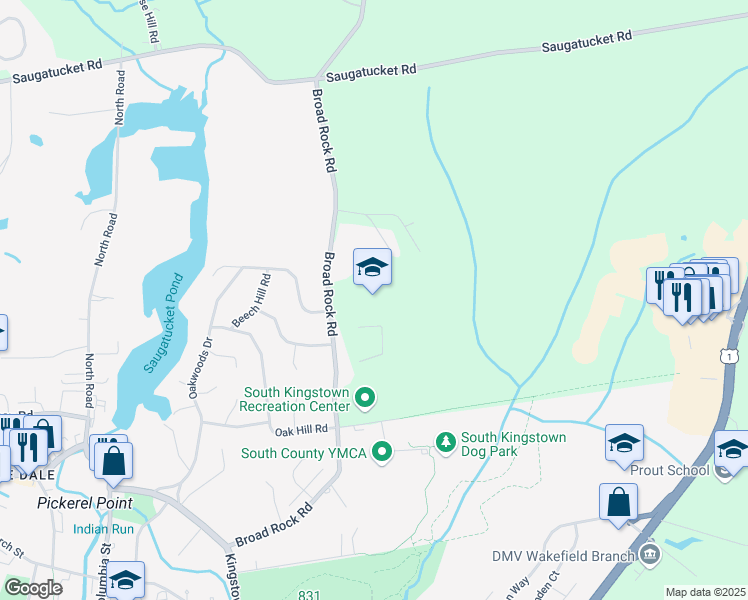 map of restaurants, bars, coffee shops, grocery stores, and more near 351 Broad Rock Road in South Kingstown