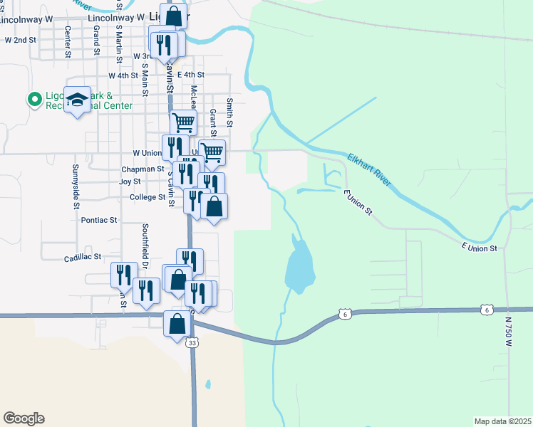 map of restaurants, bars, coffee shops, grocery stores, and more near in Ligonier