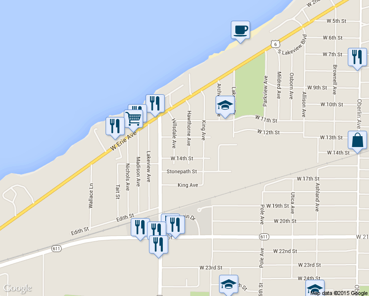 map of restaurants, bars, coffee shops, grocery stores, and more near 1346 Hawthorne Avenue in Lorain