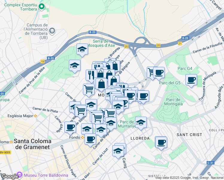 map of restaurants, bars, coffee shops, grocery stores, and more near 7 Avinguda de la Comunitat Europea in Badalona
