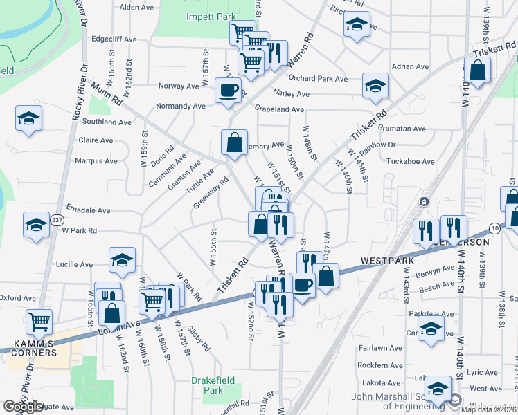 map of restaurants, bars, coffee shops, grocery stores, and more near 3520 West 152nd Street in Cleveland