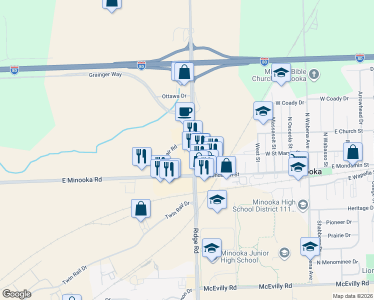 map of restaurants, bars, coffee shops, grocery stores, and more near 501 Bob Blair Road in Minooka